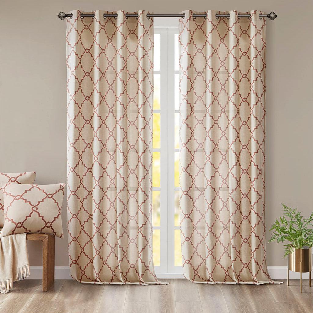 Saratoga 108 H Fretwork Print Grommet Top Window Curtain Beige & Spice Olliix.com