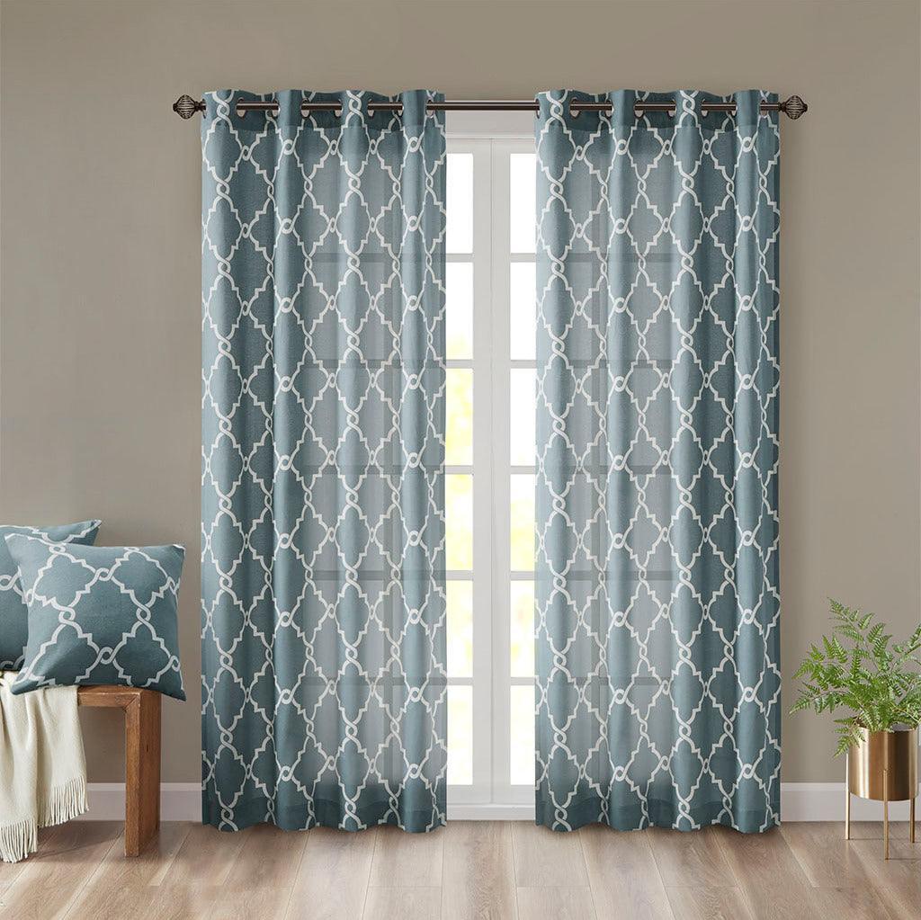 Saratoga 108 H Fretwork Print Grommet Top Window Curtain Blue Olliix.com