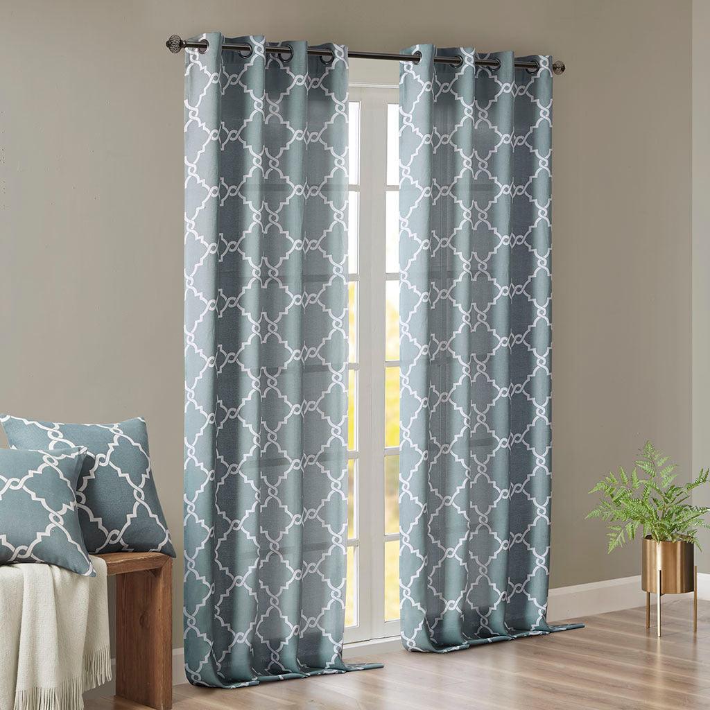 Saratoga 108 H Fretwork Print Grommet Top Window Curtain Blue Olliix.com