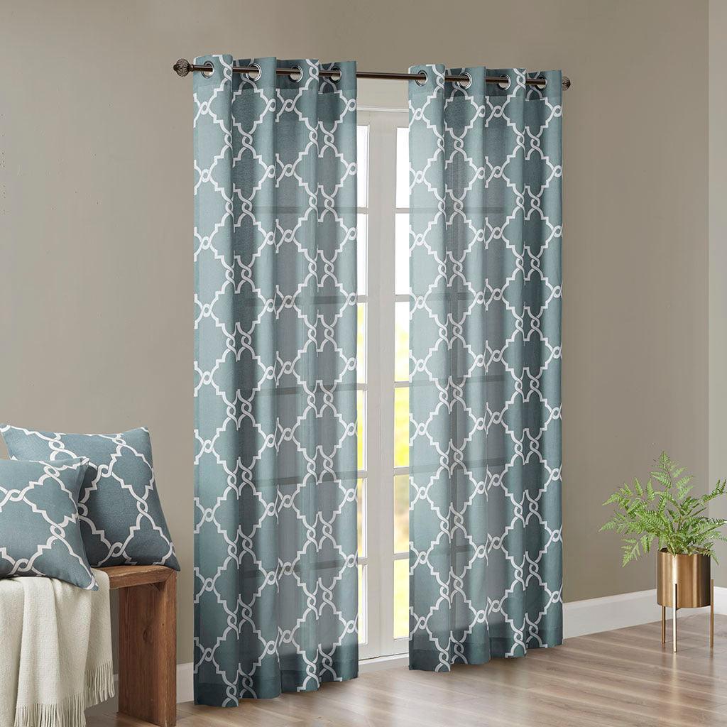 Saratoga 108 H Fretwork Print Grommet Top Window Curtain Blue Olliix.com