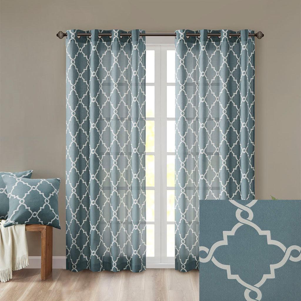 Saratoga 108 H Fretwork Print Grommet Top Window Curtain Blue Olliix.com