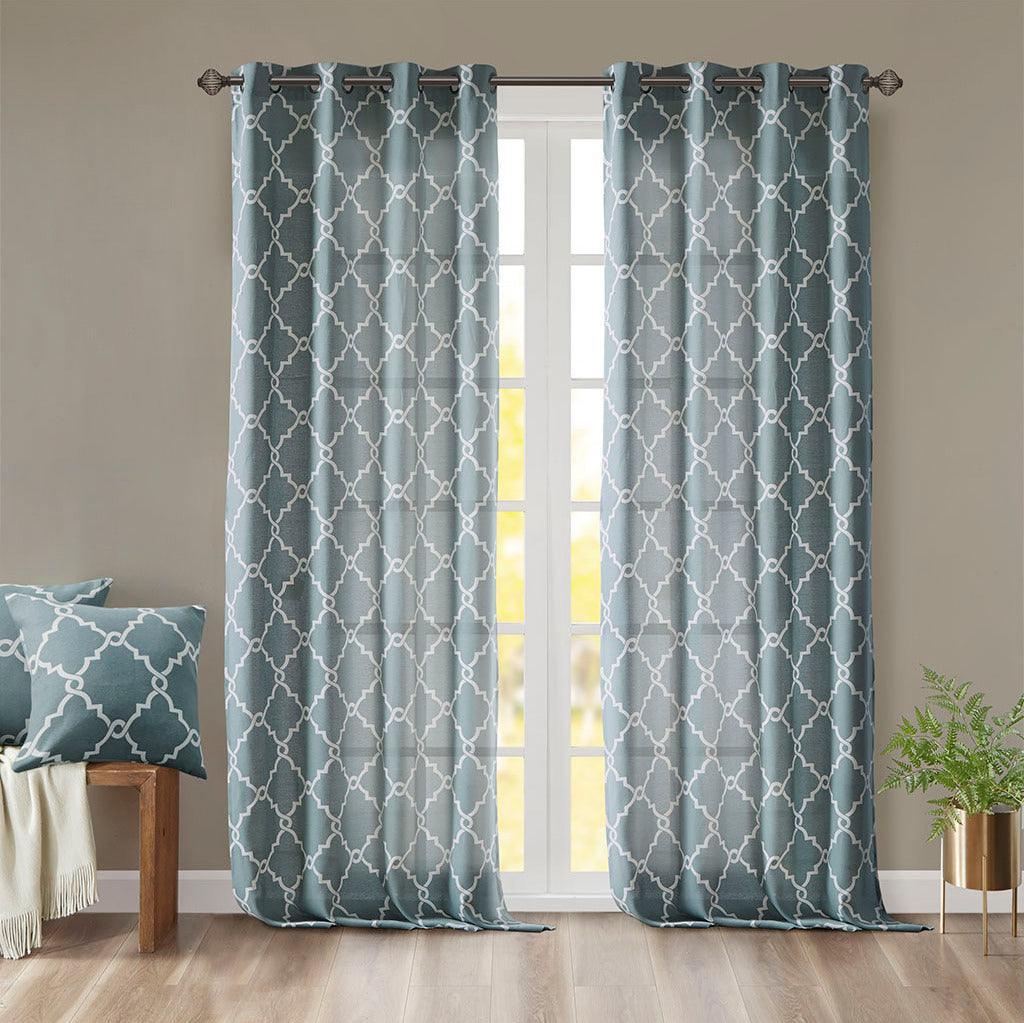 Saratoga 108 H Fretwork Print Grommet Top Window Curtain Blue Olliix.com