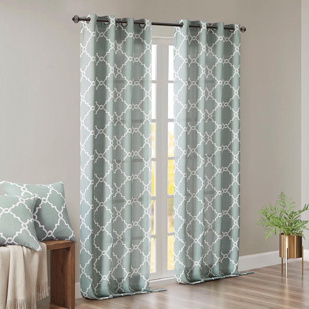 Saratoga 108 H Fretwork Print Grommet Top Window Curtain Seafoam Olliix.com