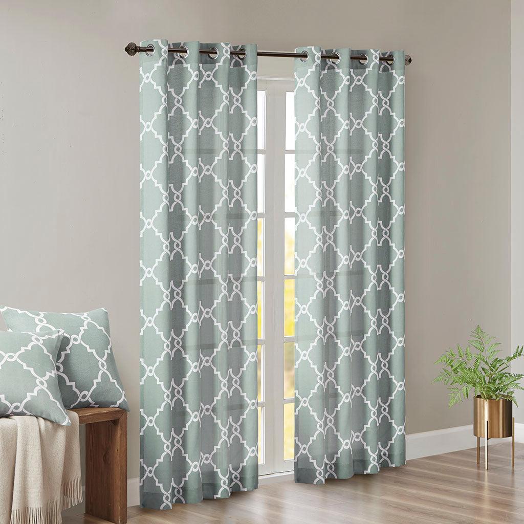 Saratoga 108 H Fretwork Print Grommet Top Window Curtain Seafoam Olliix.com