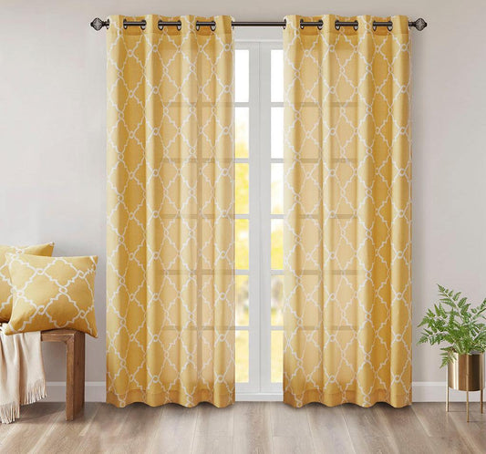 Saratoga 108 H Fretwork Print Grommet Top Window Curtain Yellow Olliix.com