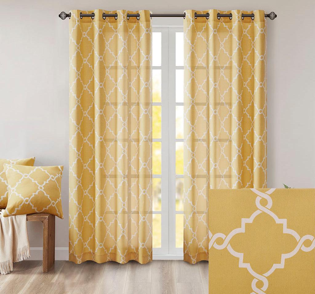 Saratoga 108 H Fretwork Print Grommet Top Window Curtain Yellow Olliix.com