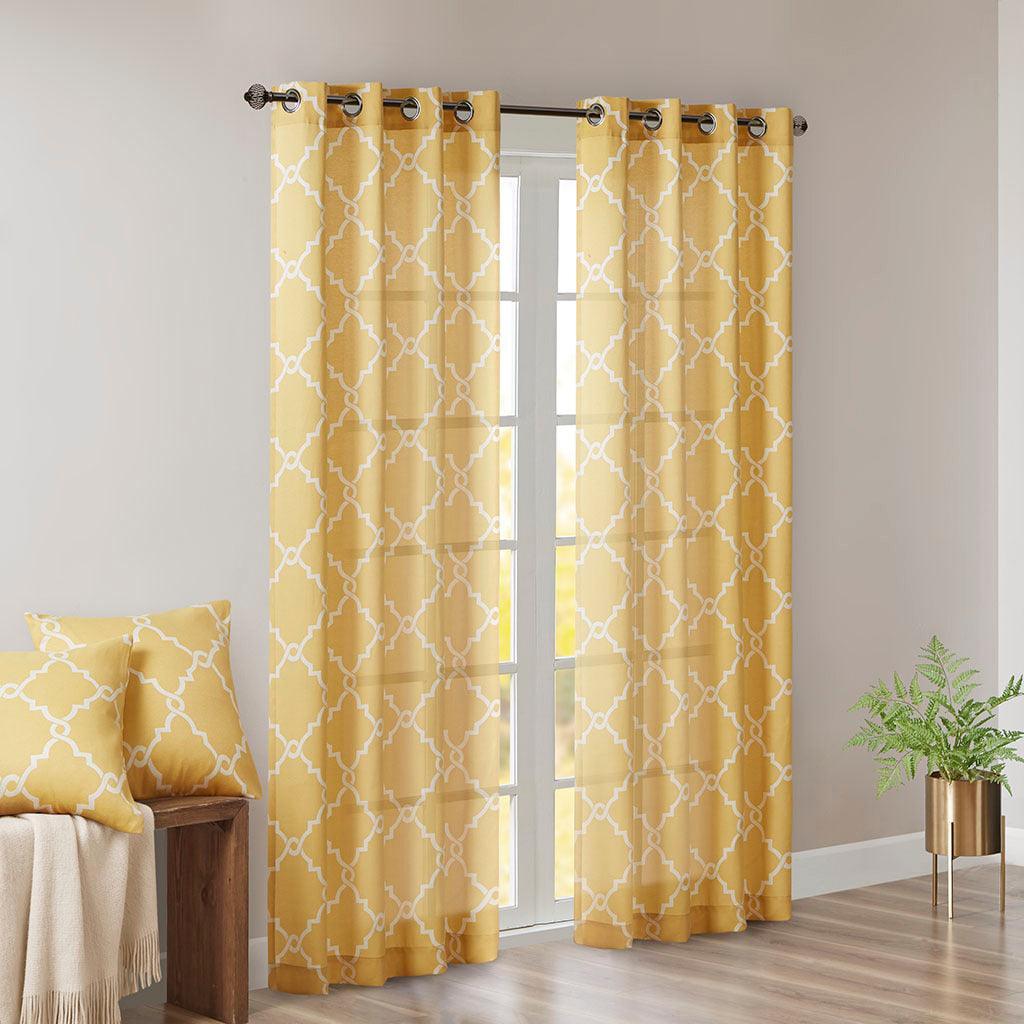 Saratoga 108 H Fretwork Print Grommet Top Window Curtain Yellow Olliix.com