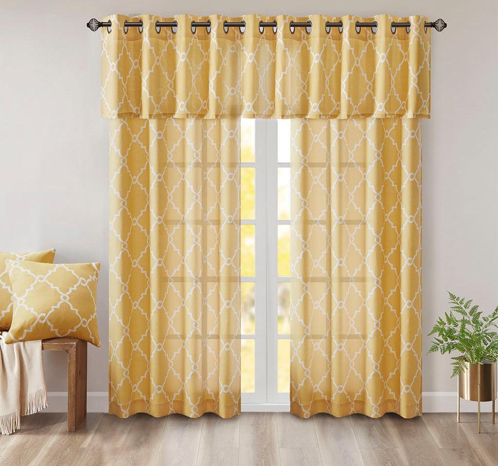 Saratoga 108 H Fretwork Print Grommet Top Window Curtain Yellow Olliix.com