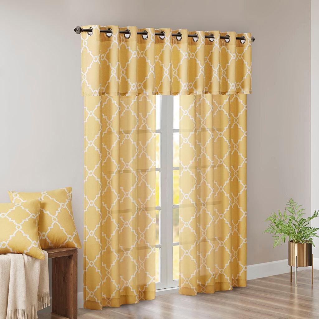 Saratoga 108 H Fretwork Print Grommet Top Window Curtain Yellow Olliix.com