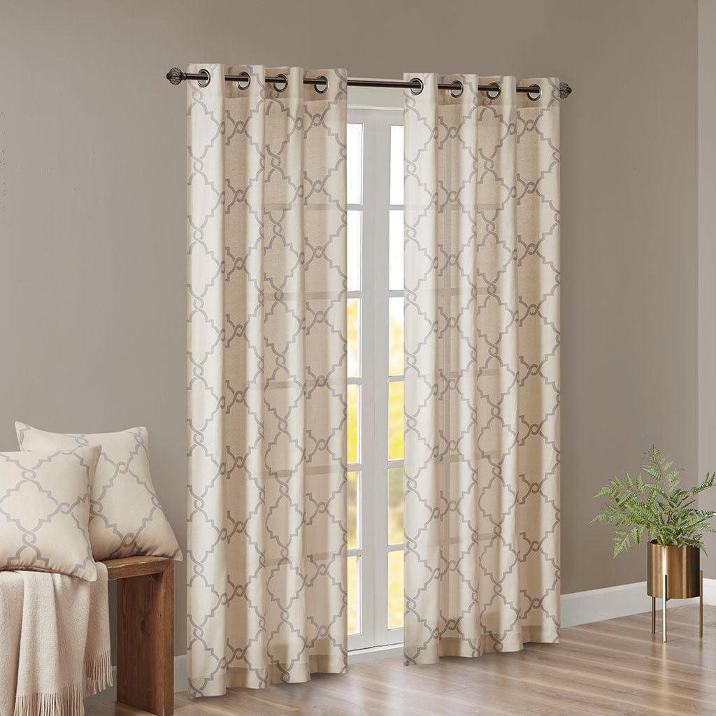 Saratoga 63 H Fretwork Print Grommet Top Window Curtain Beige Olliix.com