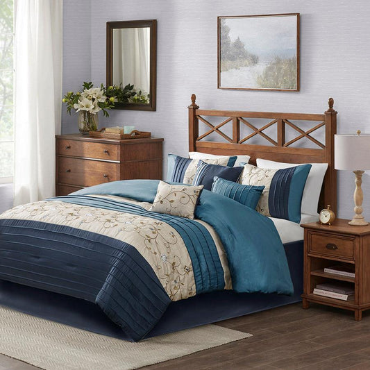 Serene California King Embroidered 7 Piece Comforter Set Navy Olliix.com