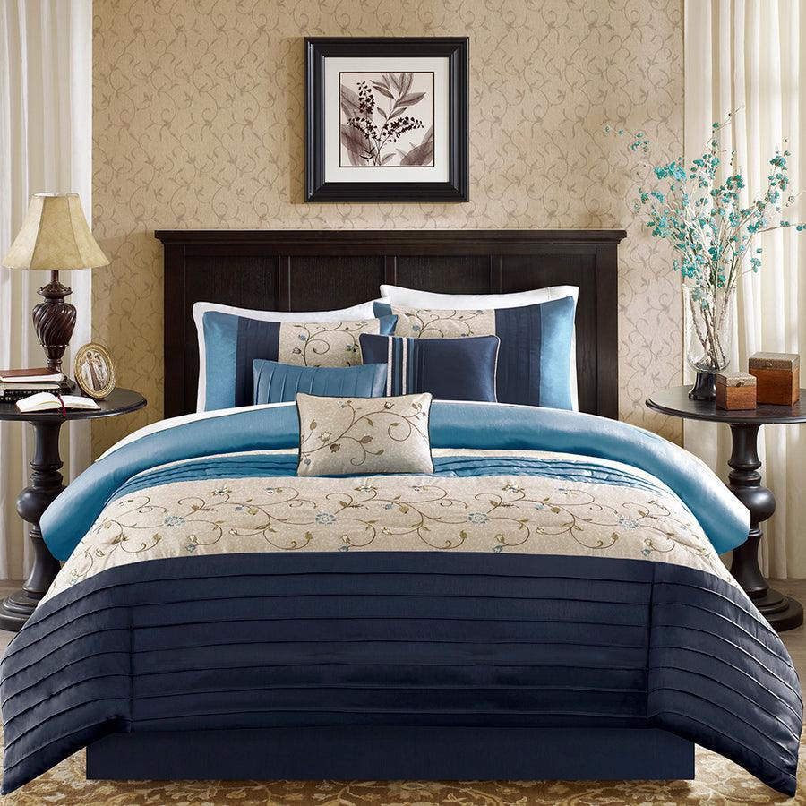 Serene California King Embroidered 7 Piece Comforter Set Navy Olliix.com