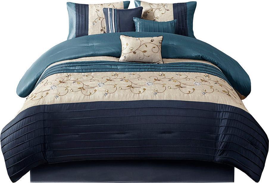 Serene California King Embroidered 7 Piece Comforter Set Navy Olliix.com