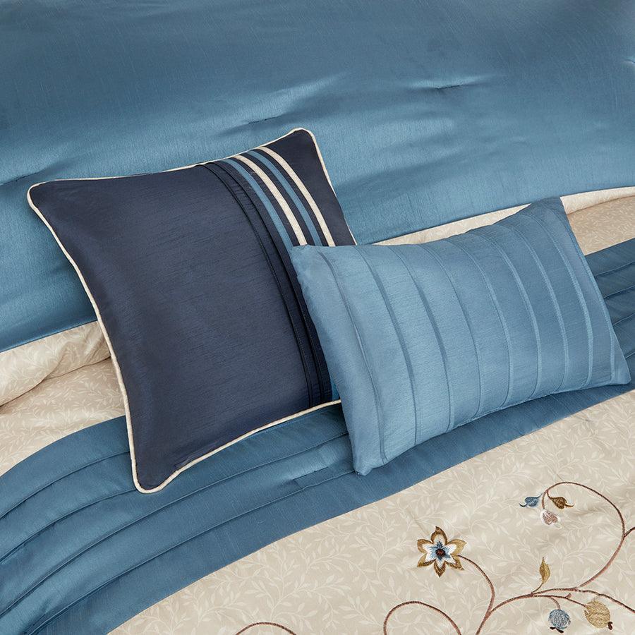 Serene California King Embroidered 7 Piece Comforter Set Navy Olliix.com