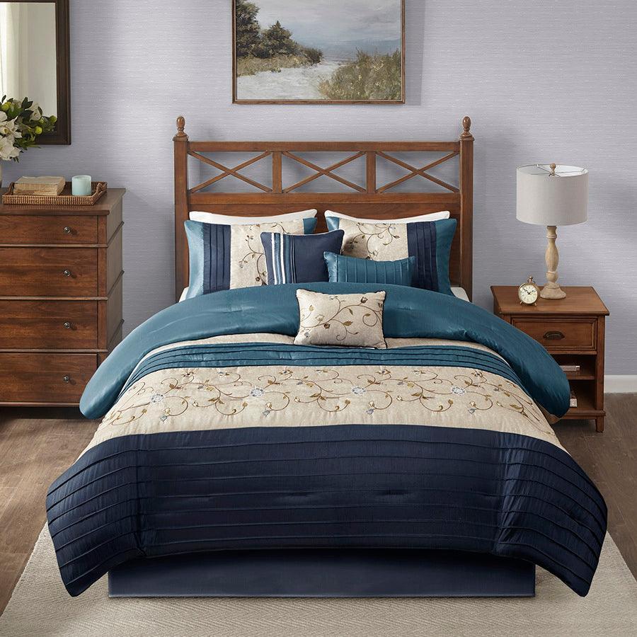 Serene California King Embroidered 7 Piece Comforter Set Navy Olliix.com