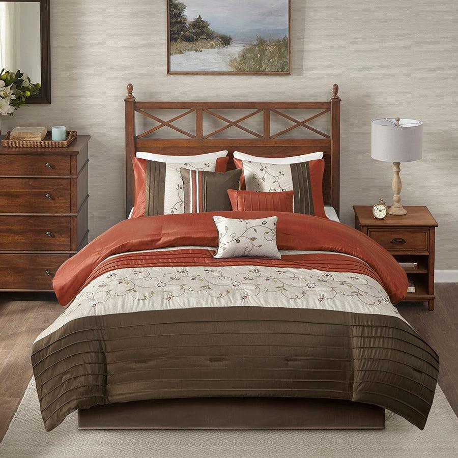 Serene Casual Embroidered 7 Piece Comforter Set Spice Cal King Olliix.com