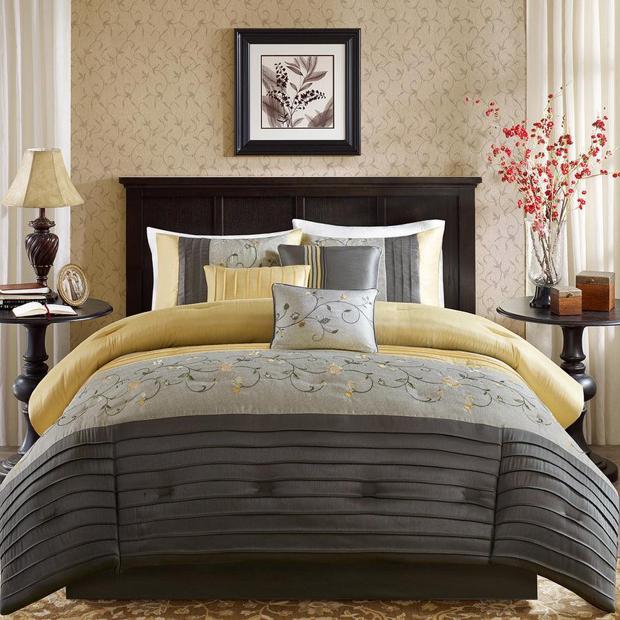 Serene Casual Embroidered 7 Piece Comforter Set Yellow Cal King Olliix.com