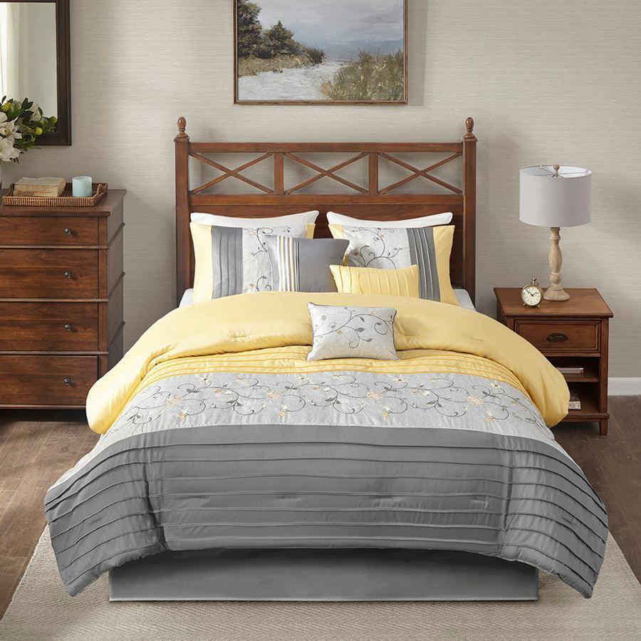 Serene Casual Embroidered 7 Piece Comforter Set Yellow Cal King Olliix.com