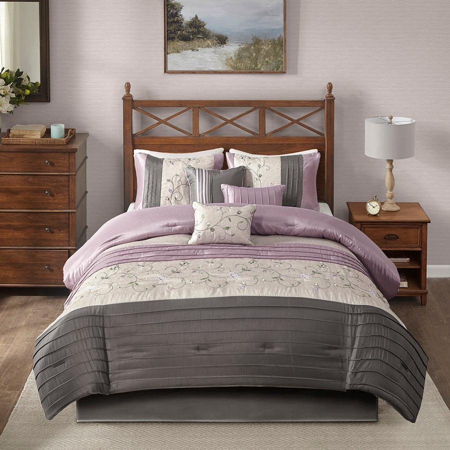 Serene Coastal Embroidered 7 Piece Comforter Set Purple Cal King Olliix.com