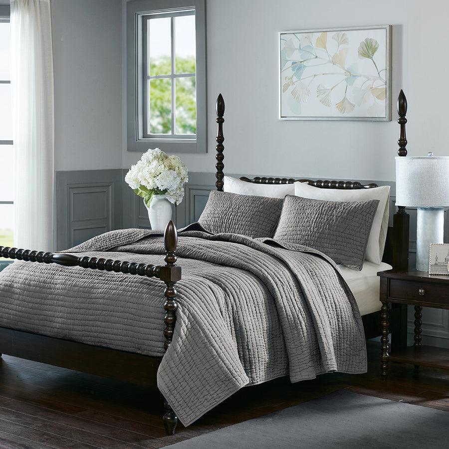 Serene Cotton Hand Quilted Coverlet Set Gray King Olliix.com