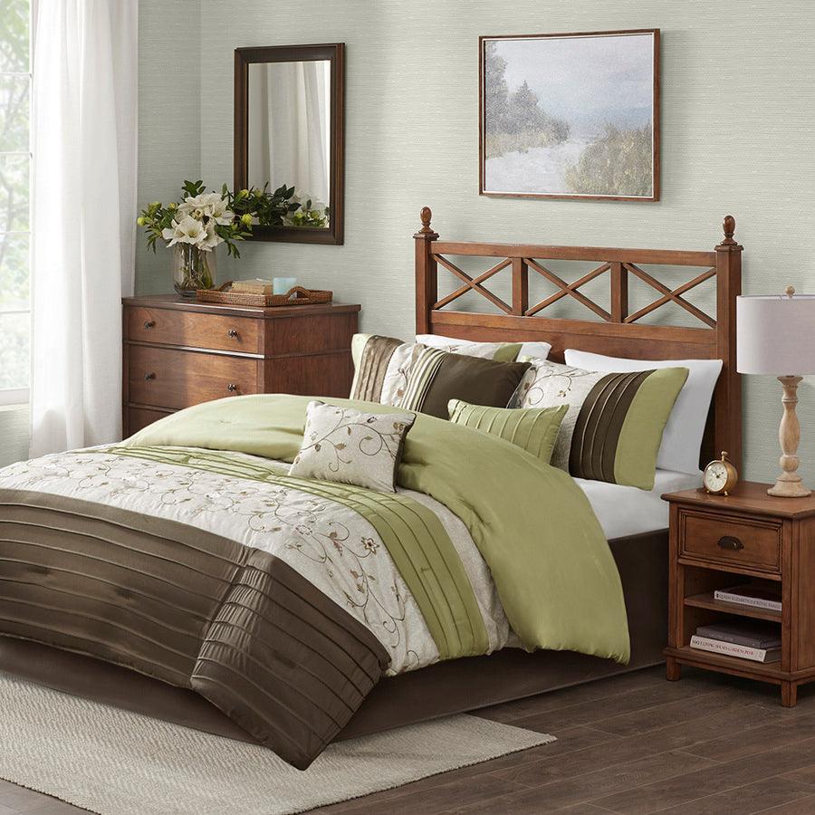 Serene Embroidered 7 Piece Comforter Set Green King Olliix.com