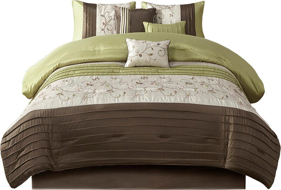 Serene Embroidered 7 Piece Comforter Set Green King Olliix.com