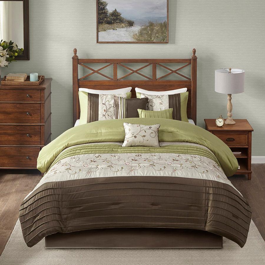 Serene Embroidered 7 Piece Comforter Set Green King Olliix.com