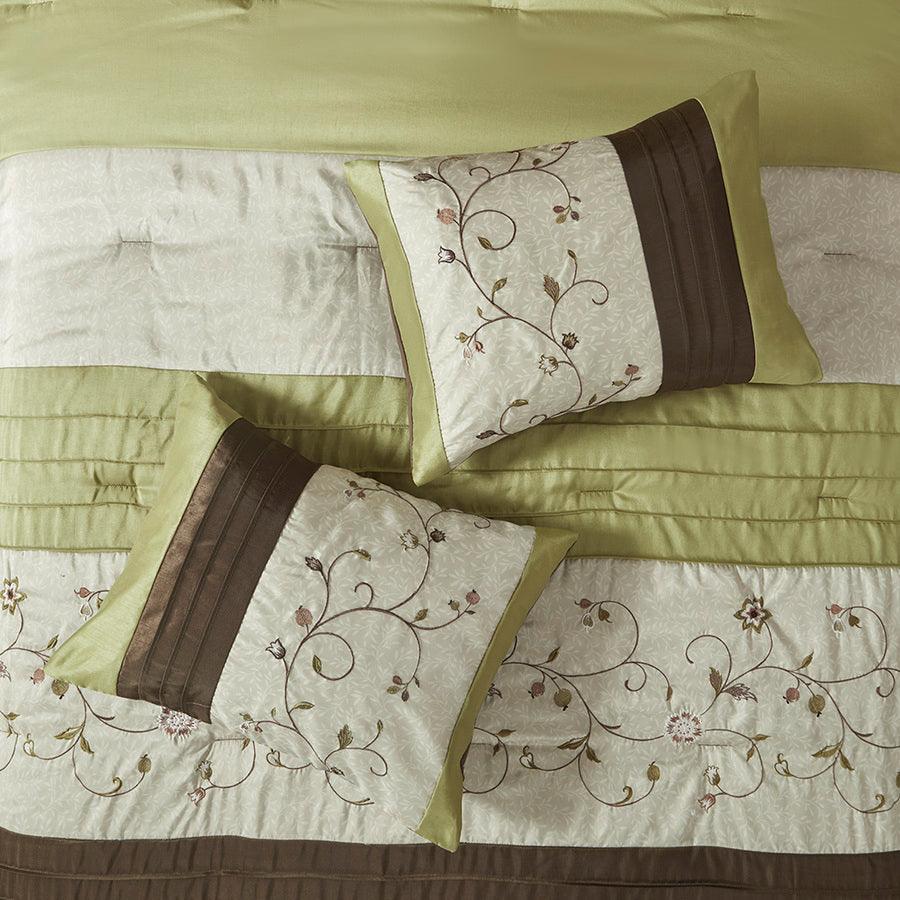 Serene Embroidered 7 Piece Comforter Set Green King Olliix.com