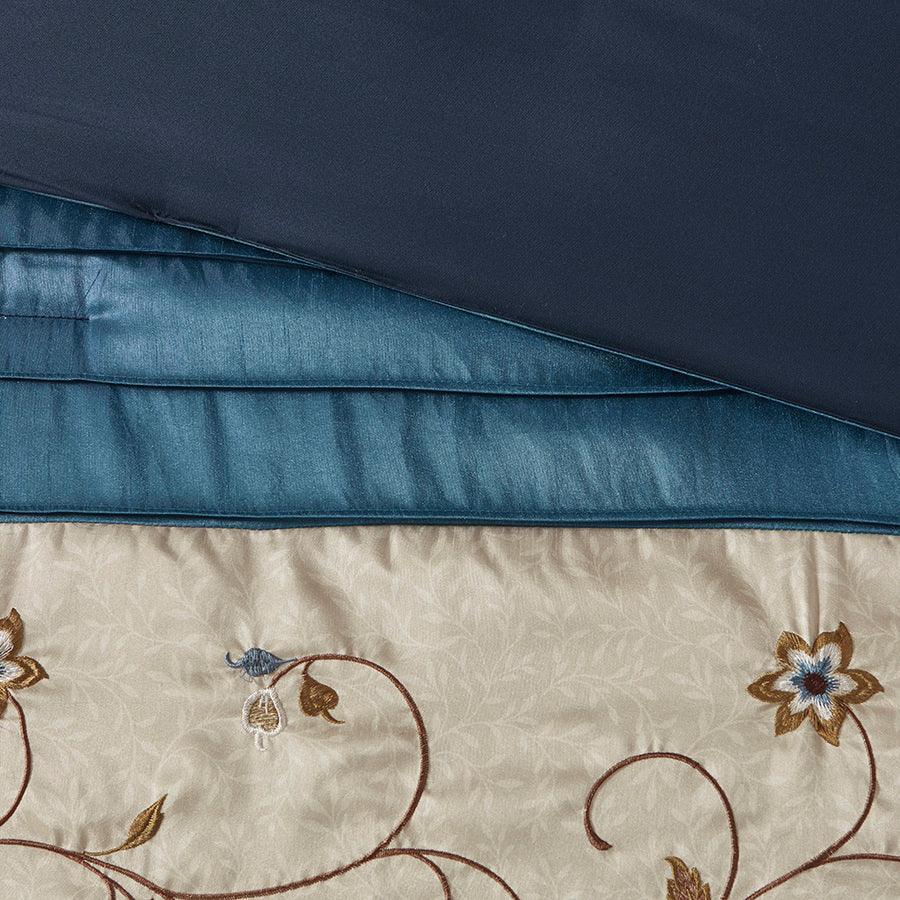 Serene Embroidered 7 Piece Comforter Set Navy Queen Olliix.com