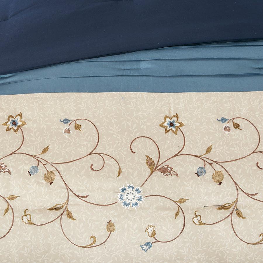 Serene Embroidered 7 Piece Comforter Set Navy Queen Olliix.com