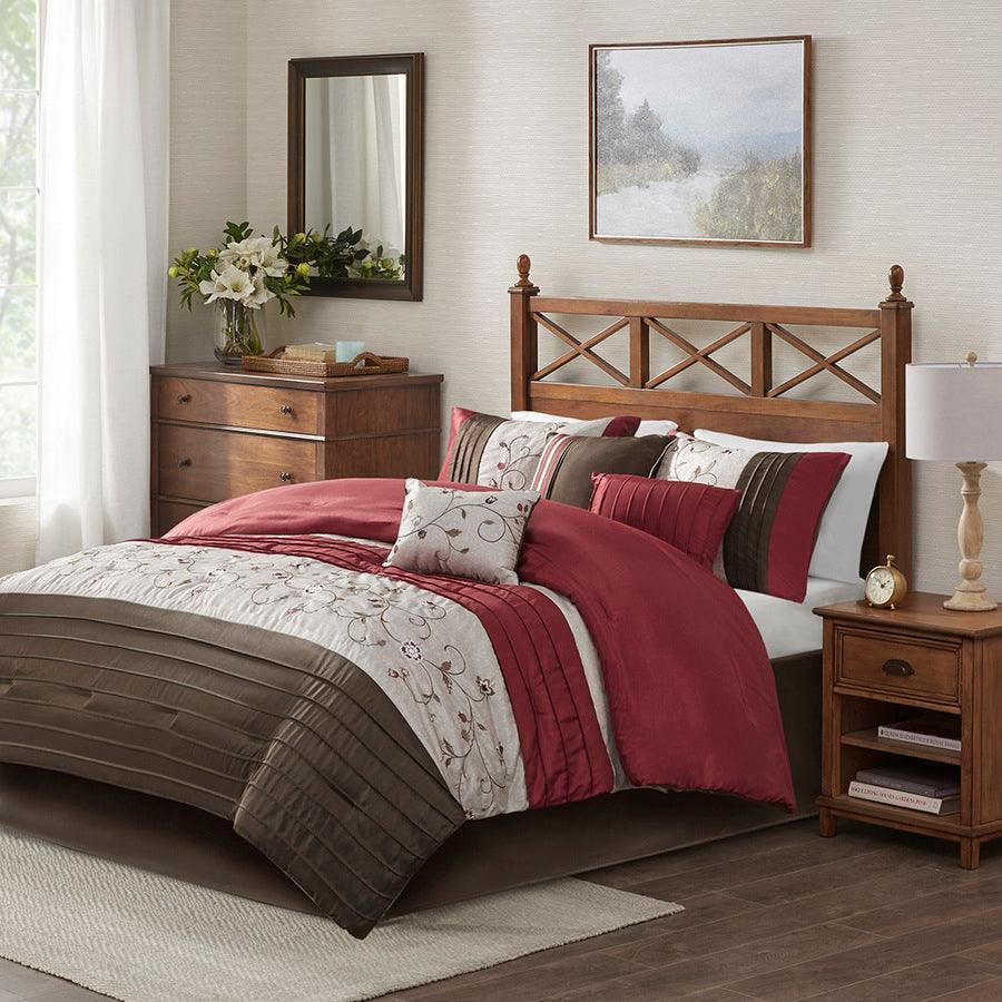 Serene Embroidered 7 Piece Comforter Set Red King Olliix.com