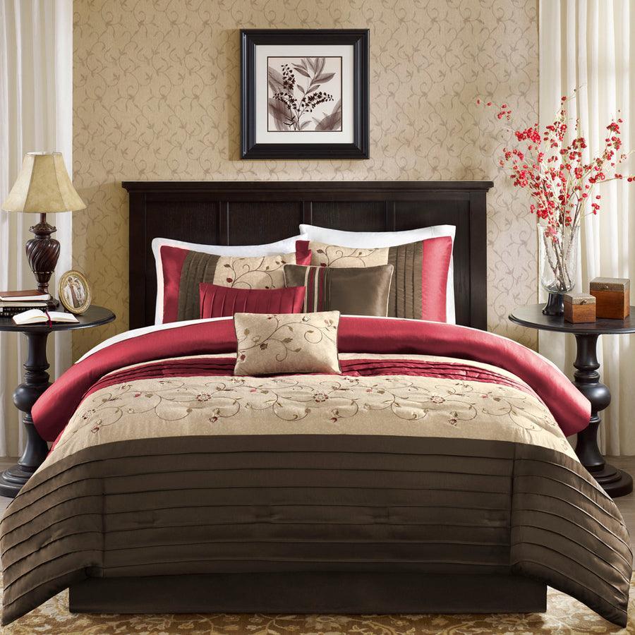 Serene Embroidered 7 Piece Comforter Set Red King Olliix.com