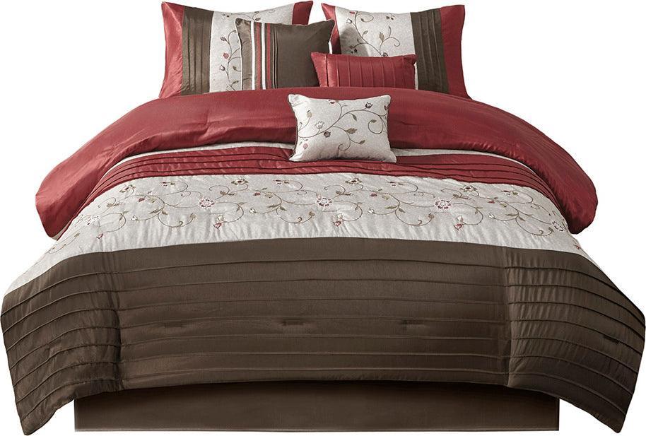 Serene Embroidered 7 Piece Comforter Set Red King Olliix.com