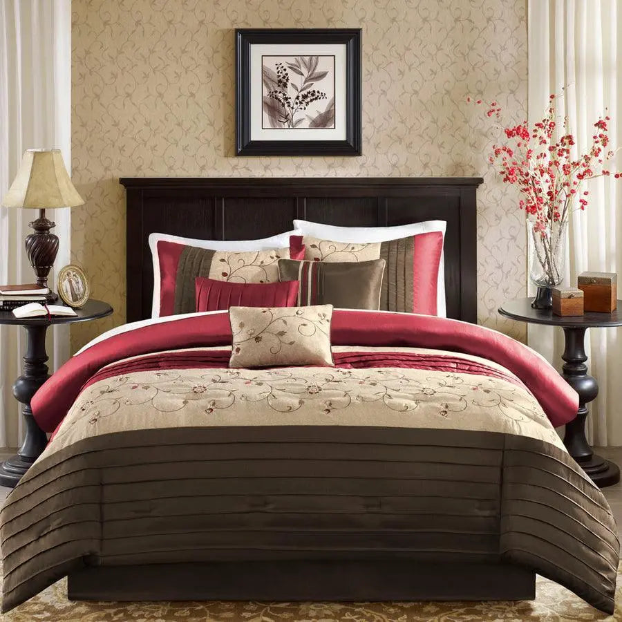 Serene Embroidered Transitional 7 Piece Comforter Set Red Queen Olliix.com