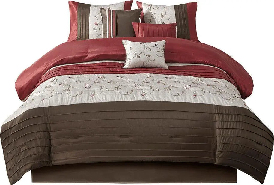 Serene Embroidered Transitional 7 Piece Comforter Set Red Queen Olliix.com
