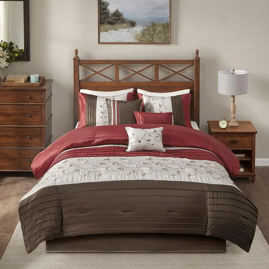 Serene Embroidered Transitional 7 Piece Comforter Set Red Queen Olliix.com