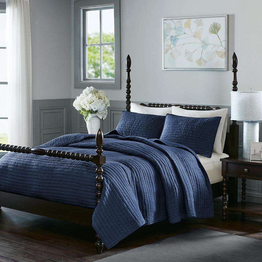 Serene Transitional Cotton Hand Quilted Coverlet Set Full/Queen Blue Olliix.com