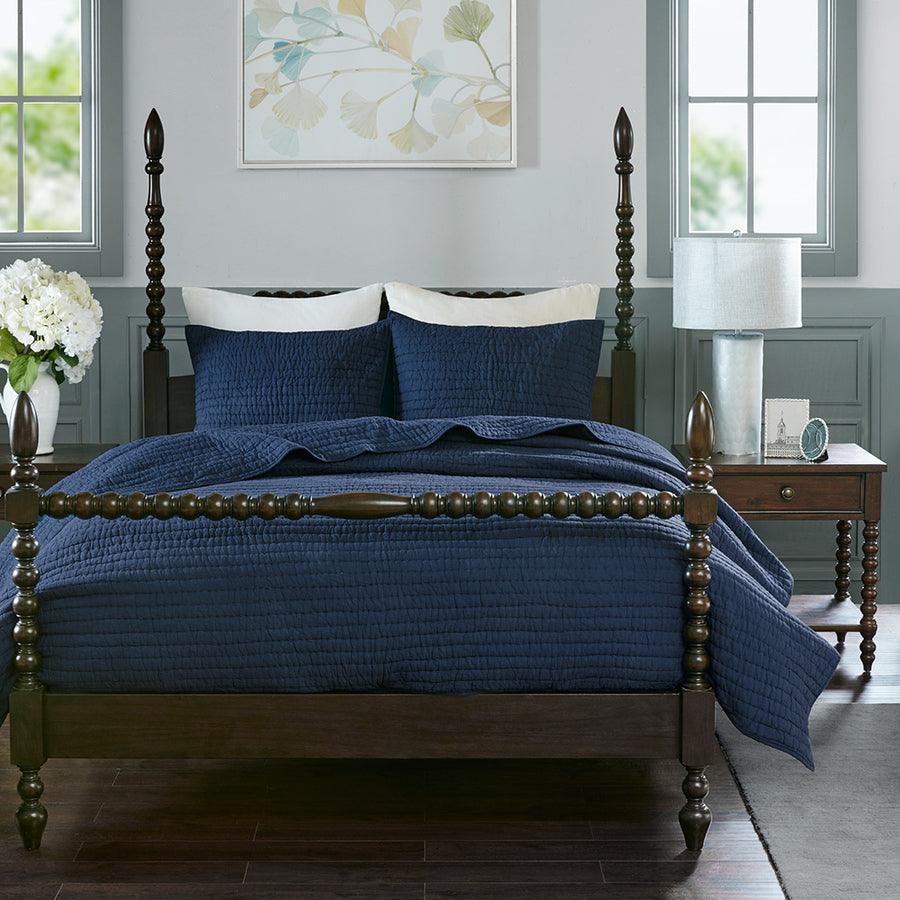 Serene Transitional Cotton Hand Quilted Coverlet Set Full/Queen Blue Olliix.com