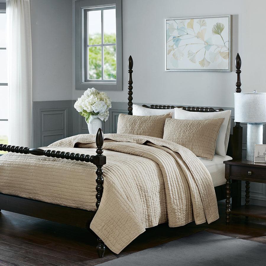 Serene Transitional Cotton Hand Quilted Coverlet Set Full/Queen Linen Olliix.com