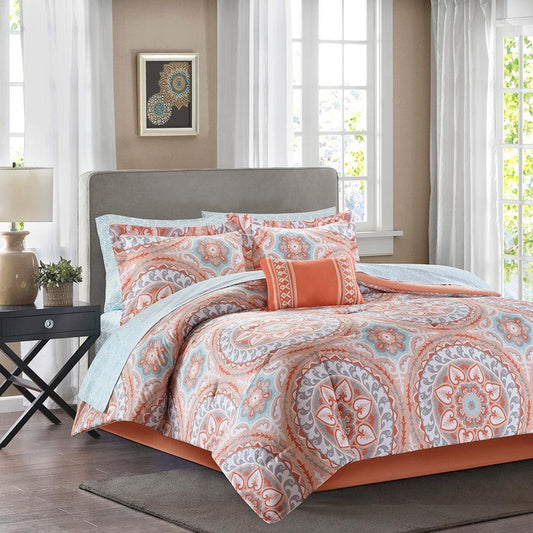 Serenity California King Global Inspired Complete Comforter and Cotton Sheet Set Coral Olliix.com