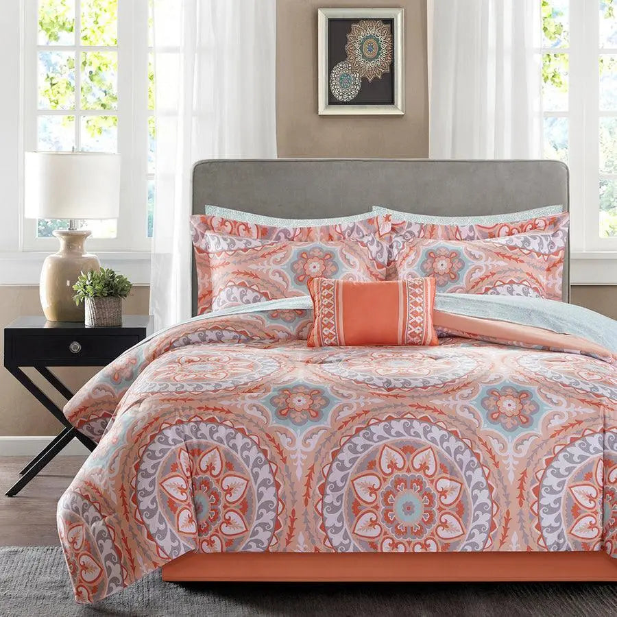 Serenity California King Global Inspired Complete Comforter and Cotton Sheet Set Coral Olliix.com