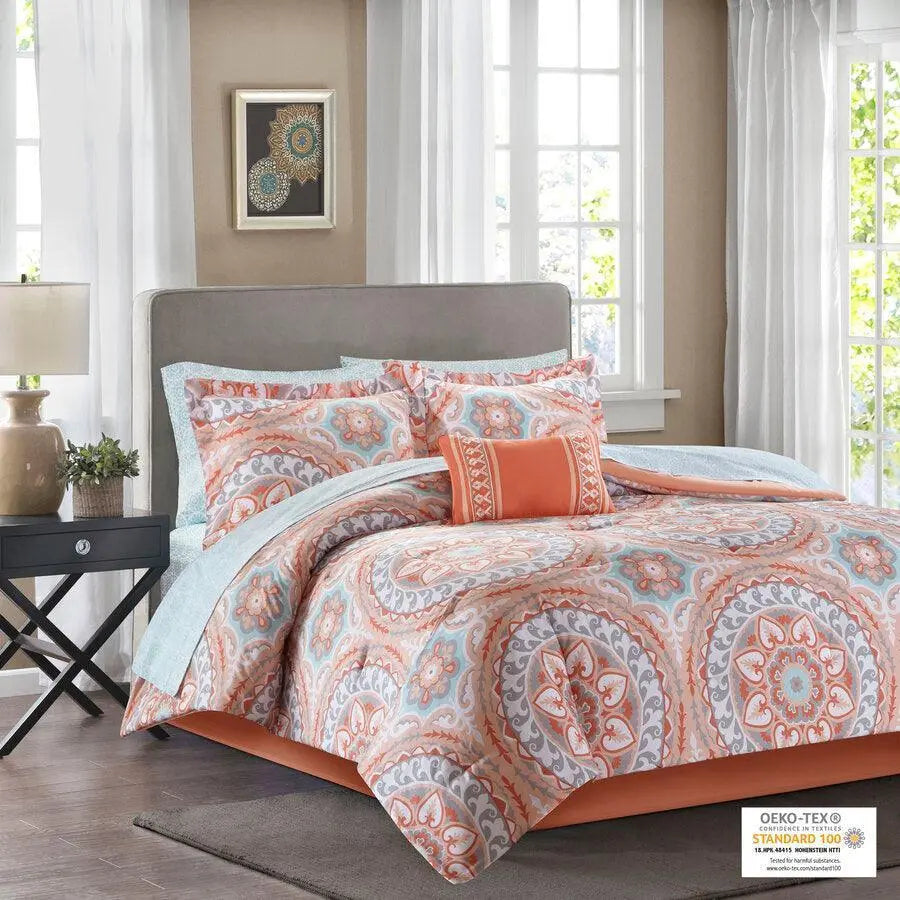 Serenity California King Global Inspired Complete Comforter and Cotton Sheet Set Coral Olliix.com