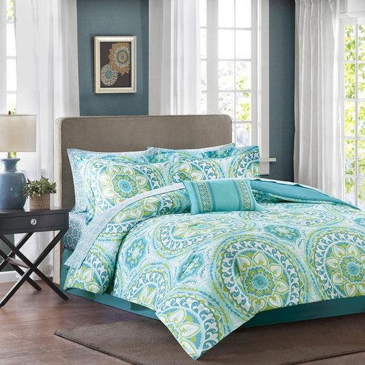 Serenity Complete Global Inspired Comforter and Cotton Sheet Set Aqua King Olliix.com