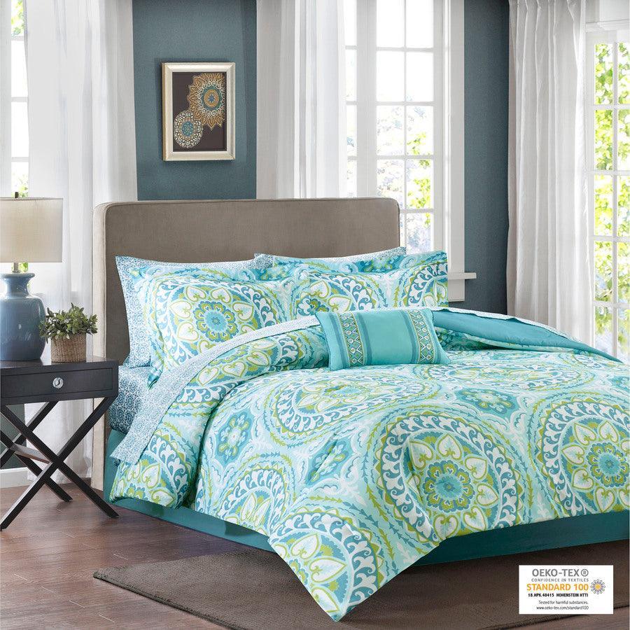 Serenity Complete Global Inspired Comforter and Cotton Sheet Set Aqua King Olliix.com