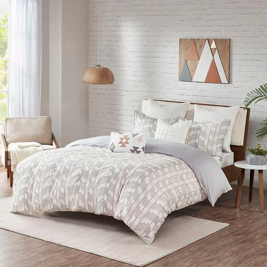 Suri King/California King Cotton Jacquard Duvet Cover Set Gray & Blush Olliix.com