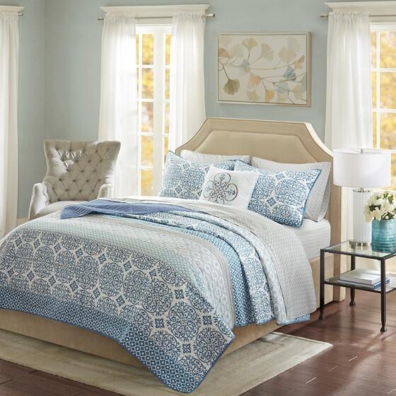 Sybil Global Inspired 1 Polyester Microfiber Printed 8pcs Complete Coverlet Set Queen Blue Olliix.com