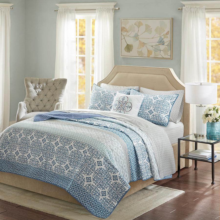 Sybil Global Inspired Complete Reversible Coverlet and Cotton Sheet Set Cal King Blue Olliix.com