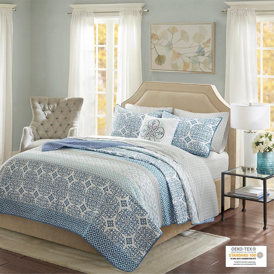 Sybil Global Inspired Complete Reversible Coverlet and Cotton Sheet Set Cal King Blue Olliix.com