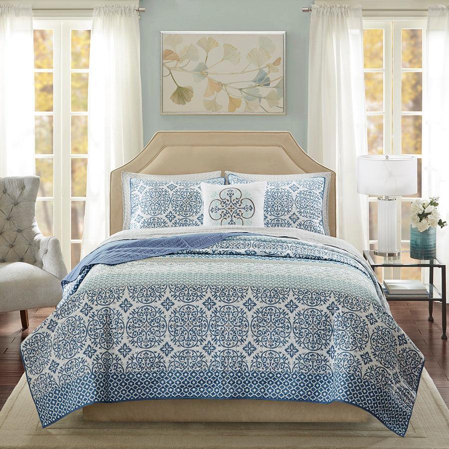 Sybil Global Inspired Complete Reversible Coverlet and Cotton Sheet Set Cal King Blue Olliix.com