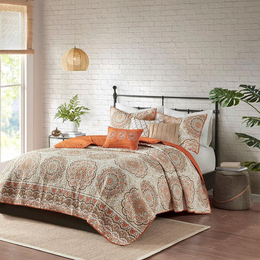 Tangiers Full/Queen 6 Piece Reversible Coverlet Set Orange Olliix.com